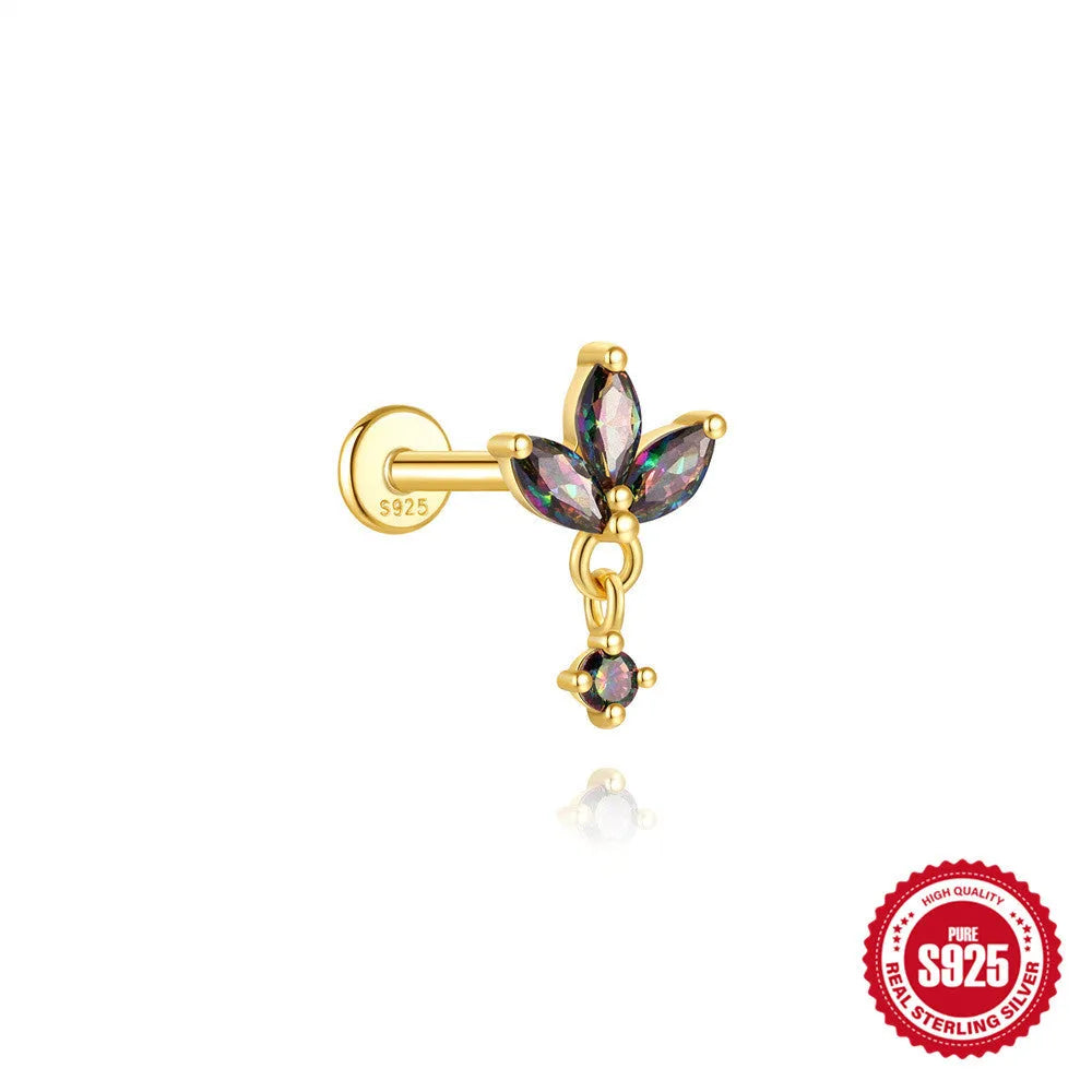S925 sterling silver flat head thread piercing earring with rainbow stone on geometric setting.
