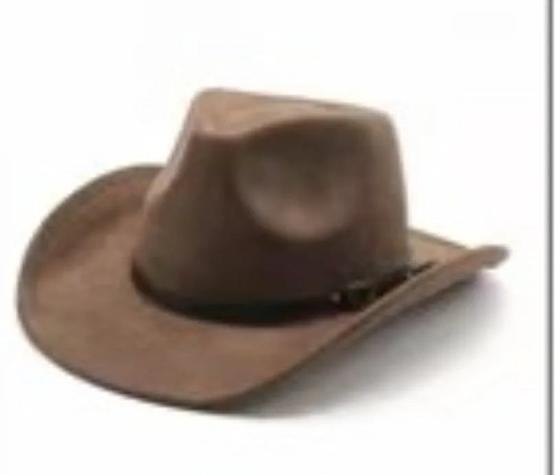 Brown leather velvet western cowboy hat with a curved brim and conical crown on a neutral background.