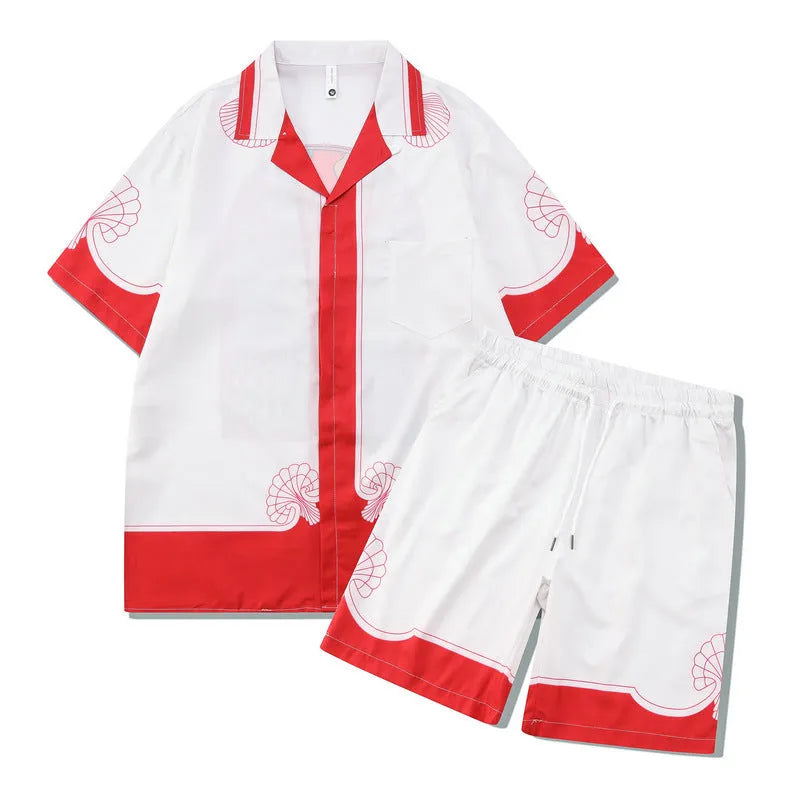 Printed plaid beach shirt and matching trousers set for casual wear.