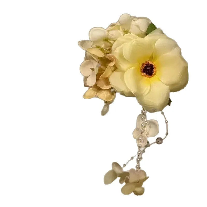 Yellow flower tassel hair clip with pearl beads and metal side clip