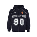 Women's loose red American retro hooded cardigan jacket with white letter embroidery on the front.