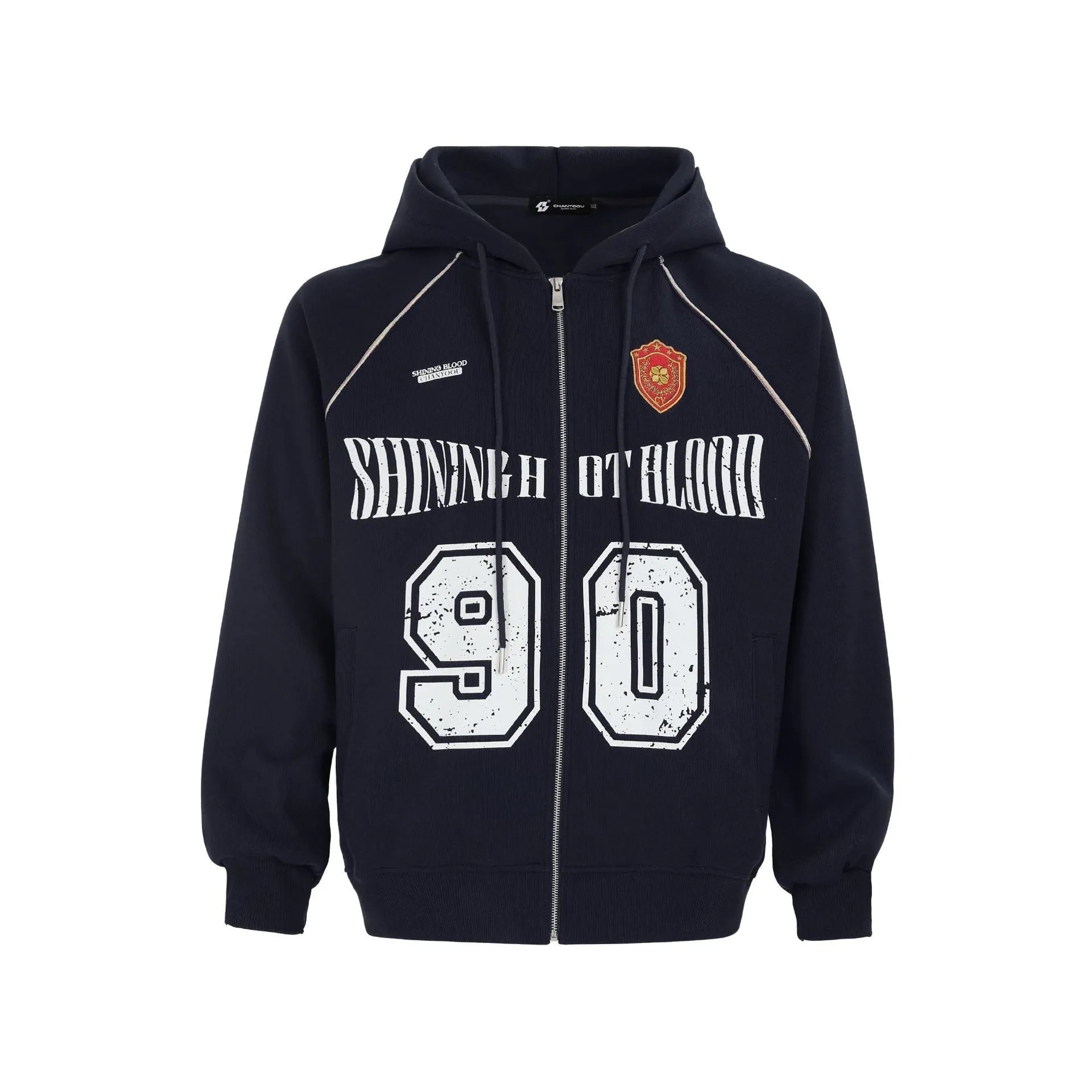 Women's loose red American retro hooded cardigan jacket with white letter embroidery on the front.