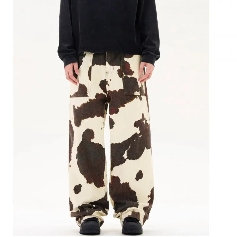 Men's straight-leg trousers with retro cows pattern in 7698 cow colour