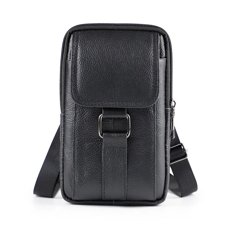 Men's genuine leather crossbody waist bag with lock detail and vertical square design in dark brown