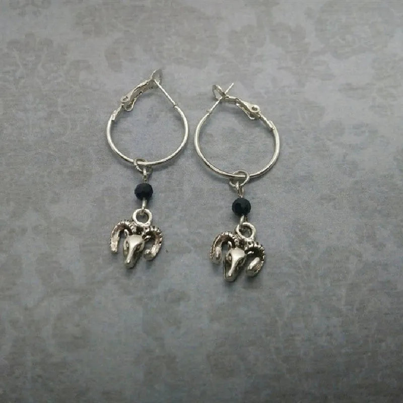 Silver Tibetan antelope inspired round ring earrings for women