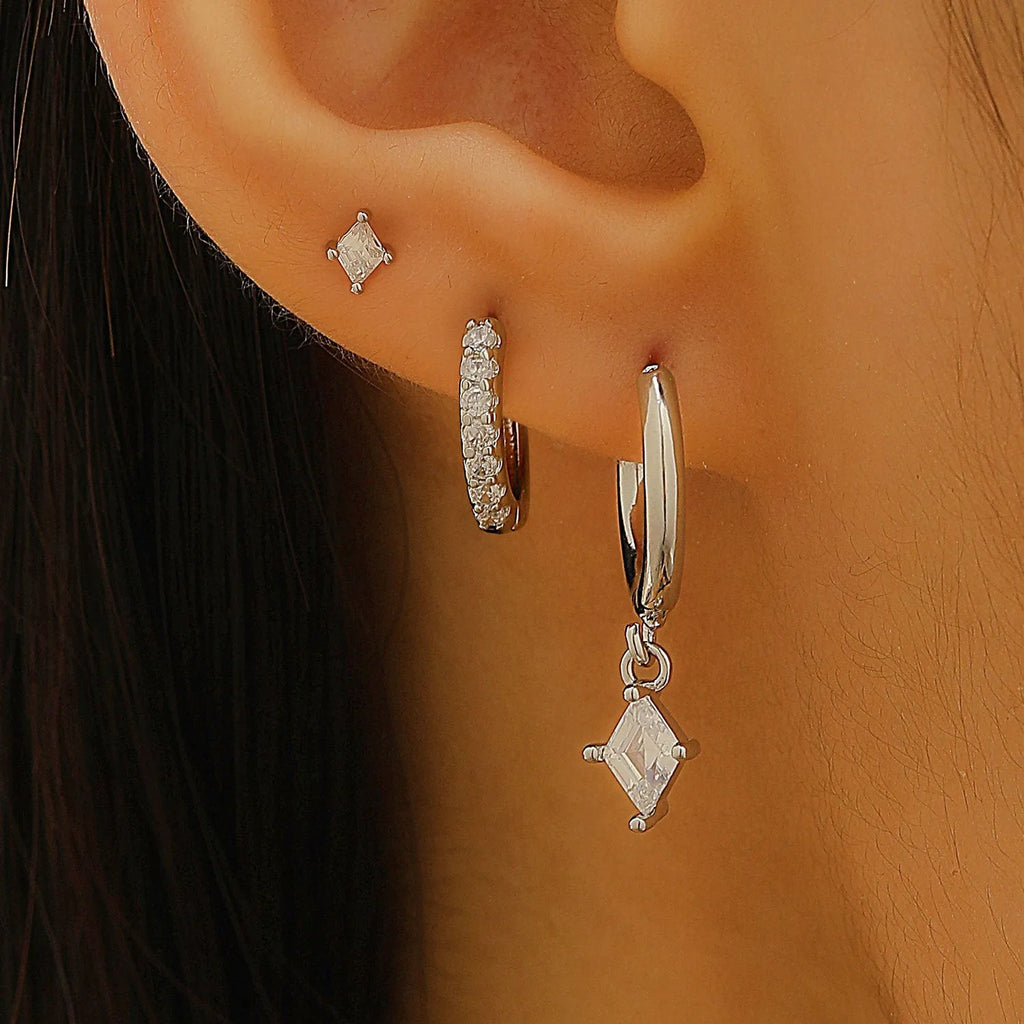 Geometric zircon earring three-piece set with rhombus designs in gold and white copper