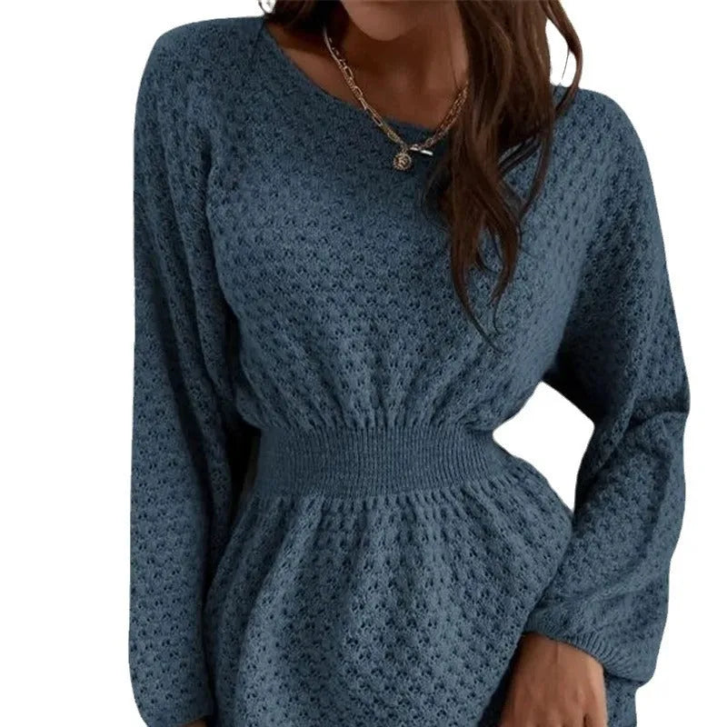 Blue women's knitted dress with fitted waist and hand-crocheted flower decorative elements