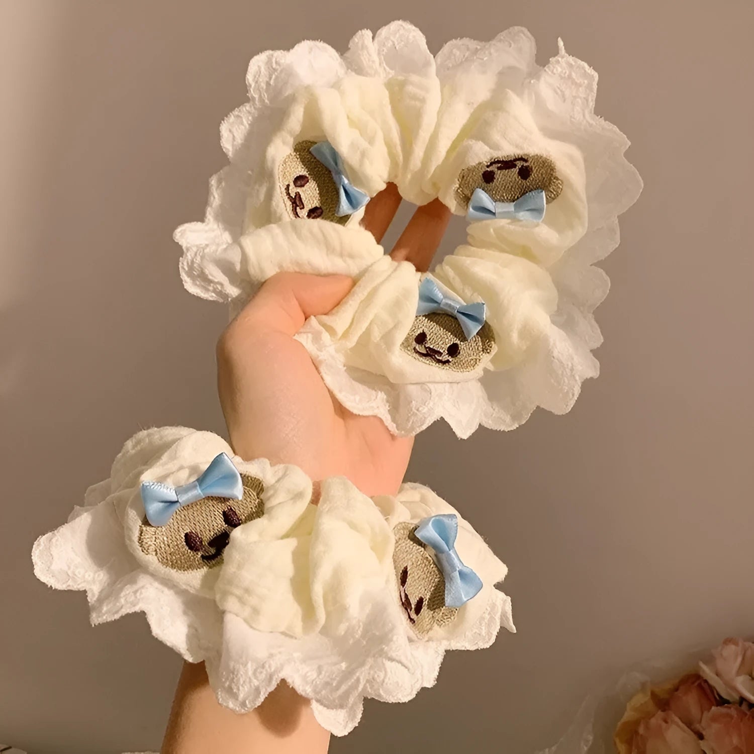 Bear blue bow lace large intestine hair ring elastic cloth scrunchie hair accessory