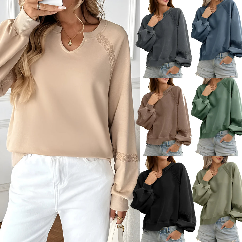 Women's loose fit long sleeve sweater with half-open collar and lace trim in solid colour