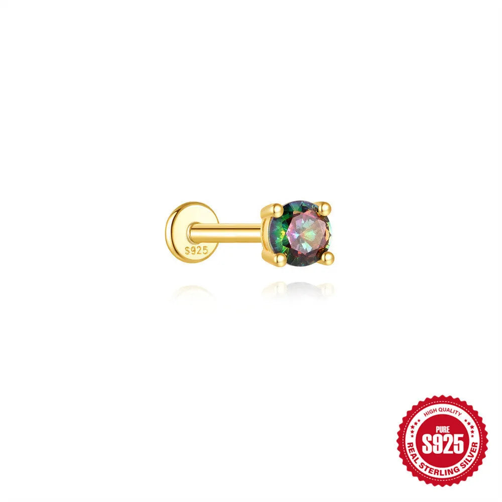 S925 sterling silver flat head thread piercing earring with rainbow stone on geometric setting.