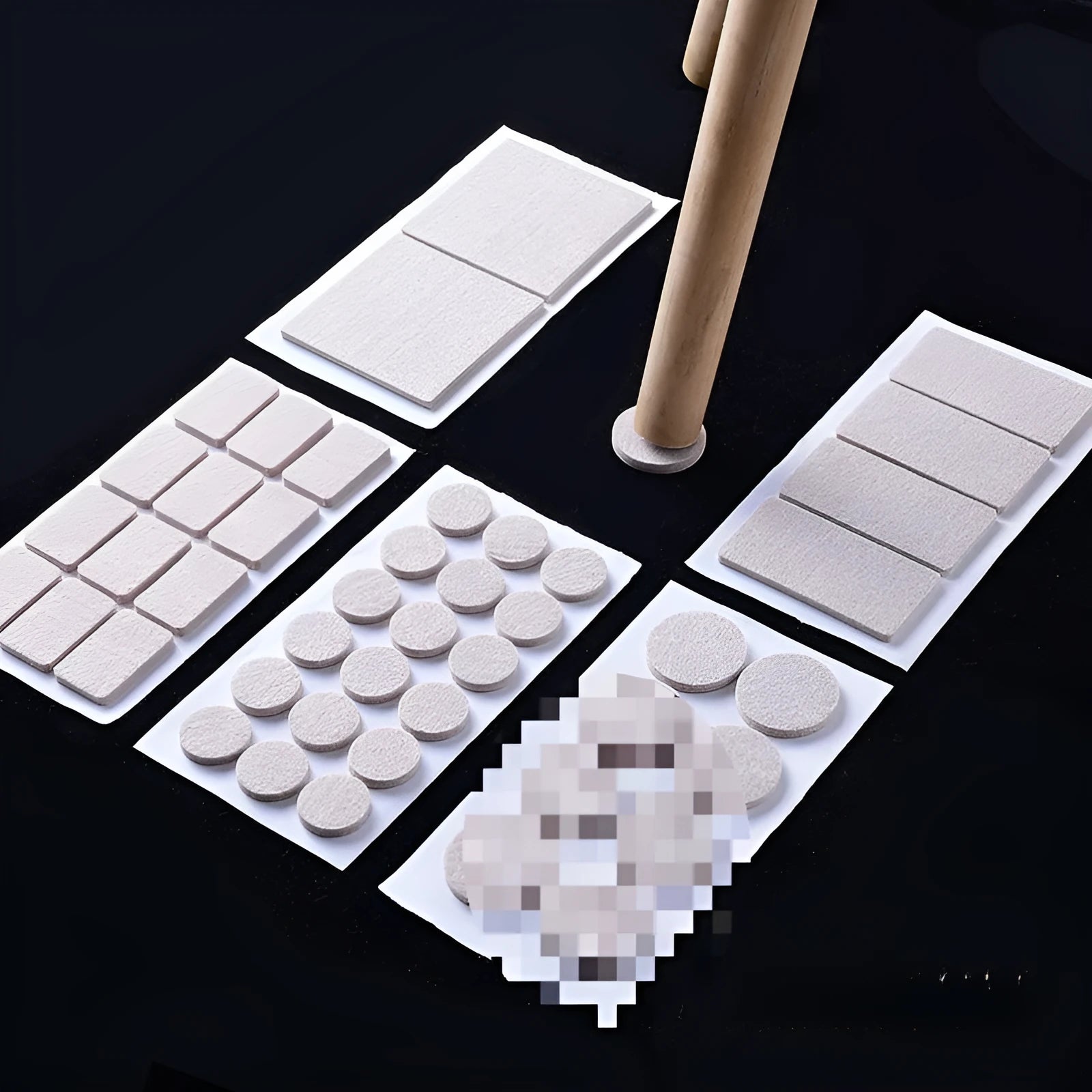 Beige plastic furniture protection pads in five sizes including round and square shapes for chair legs