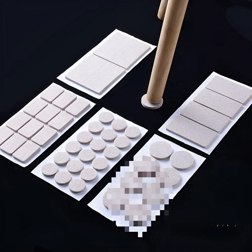Beige plastic furniture protection pads in five sizes including round and square shapes for chair legs