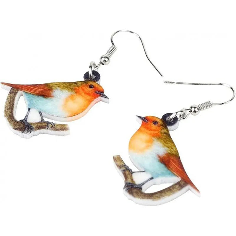 A pair of blue titmouse design pendant earrings made from printed acrylic on a geometric shape.