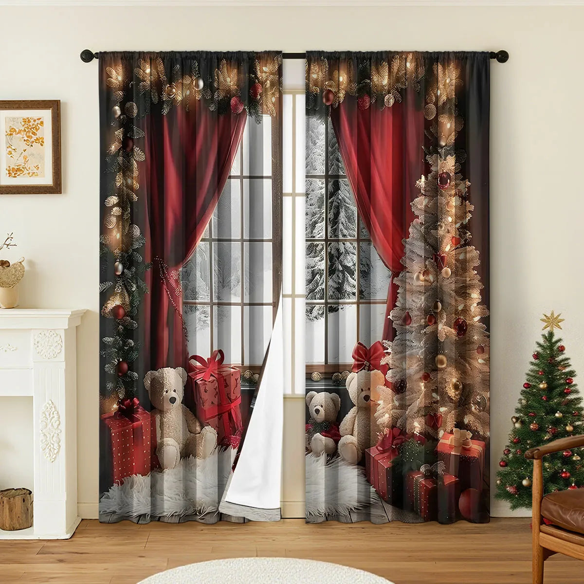 Pair of red and green 3D digitally printed Christmas themed polyester curtains hanging on a window.