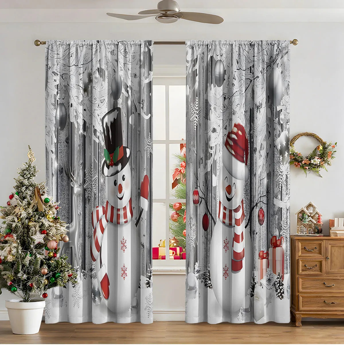 3D digitally printed Christmas curtain panel hanging on a window, showing festive pattern and polyester fabric texture.