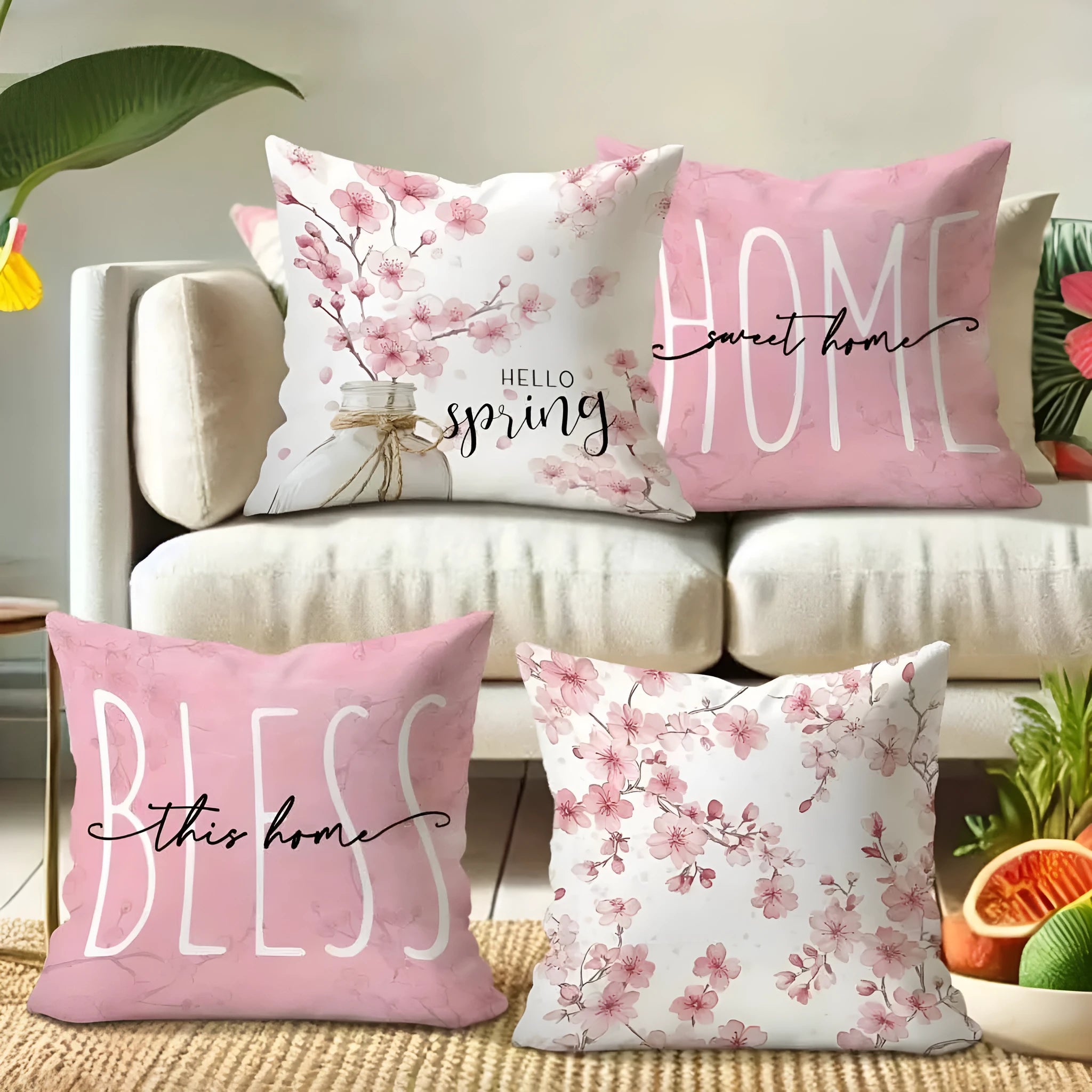 Short velvet cushion cover with cherry blossom and letter print in 45cm square size.