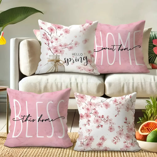 Short velvet cushion cover with cherry blossom and letter print in 45cm square size.