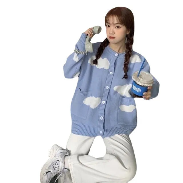 Women's blue cloud pattern spandex cardigan sweater coat with loose fit and regular sleeves
