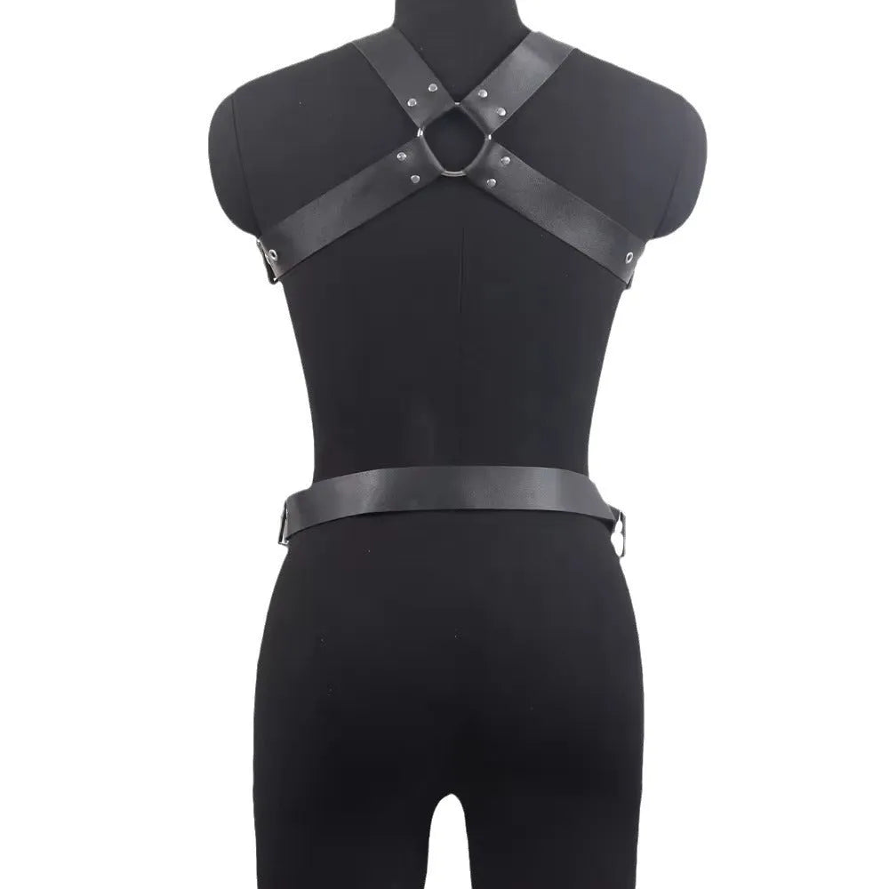 Black imitation leather women's shapewear bondage suit with glossy patent leather finish and thin pin buckle.