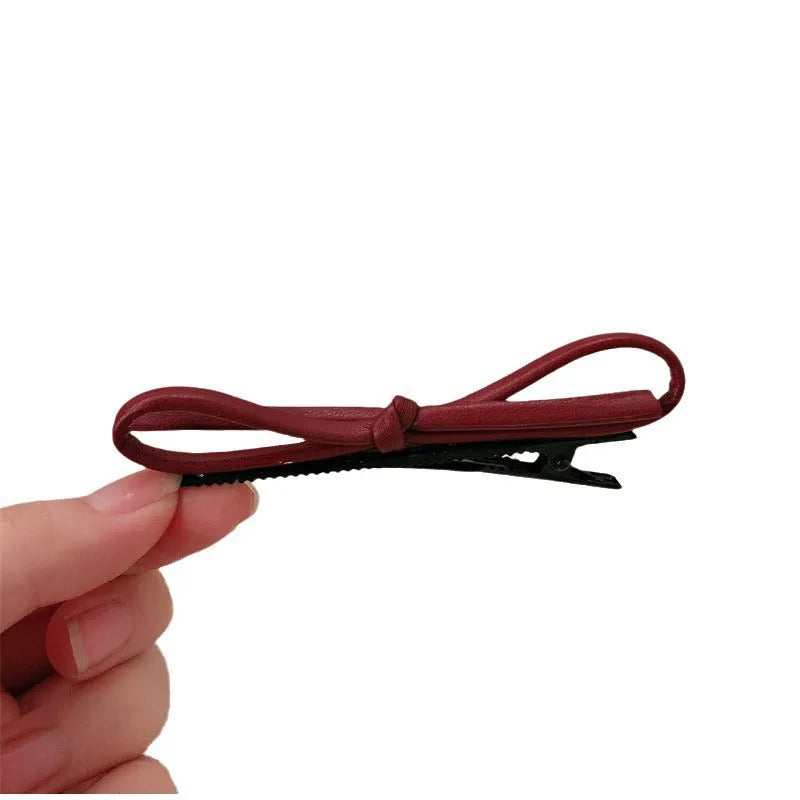 Wine red leather bow barrettes hair clips for women, single and pair options