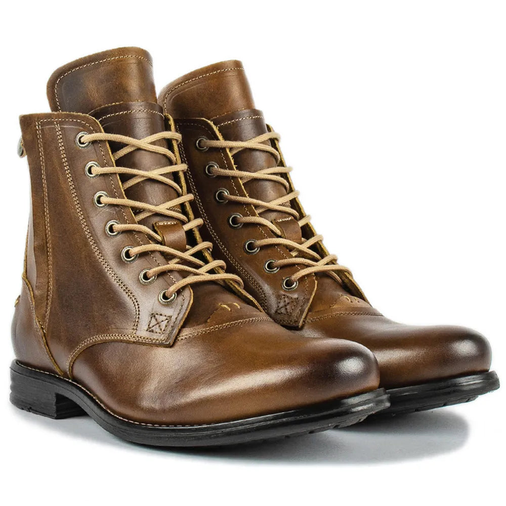 Knight Series two-tone leather boots with side zipper in black colour showing low heel and mature styling