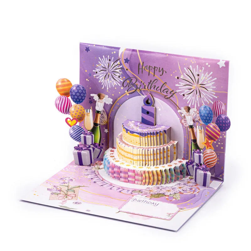 Chinese ink style greeting card with 3D cake design, manually folded, measuring 15 by 20 cm.