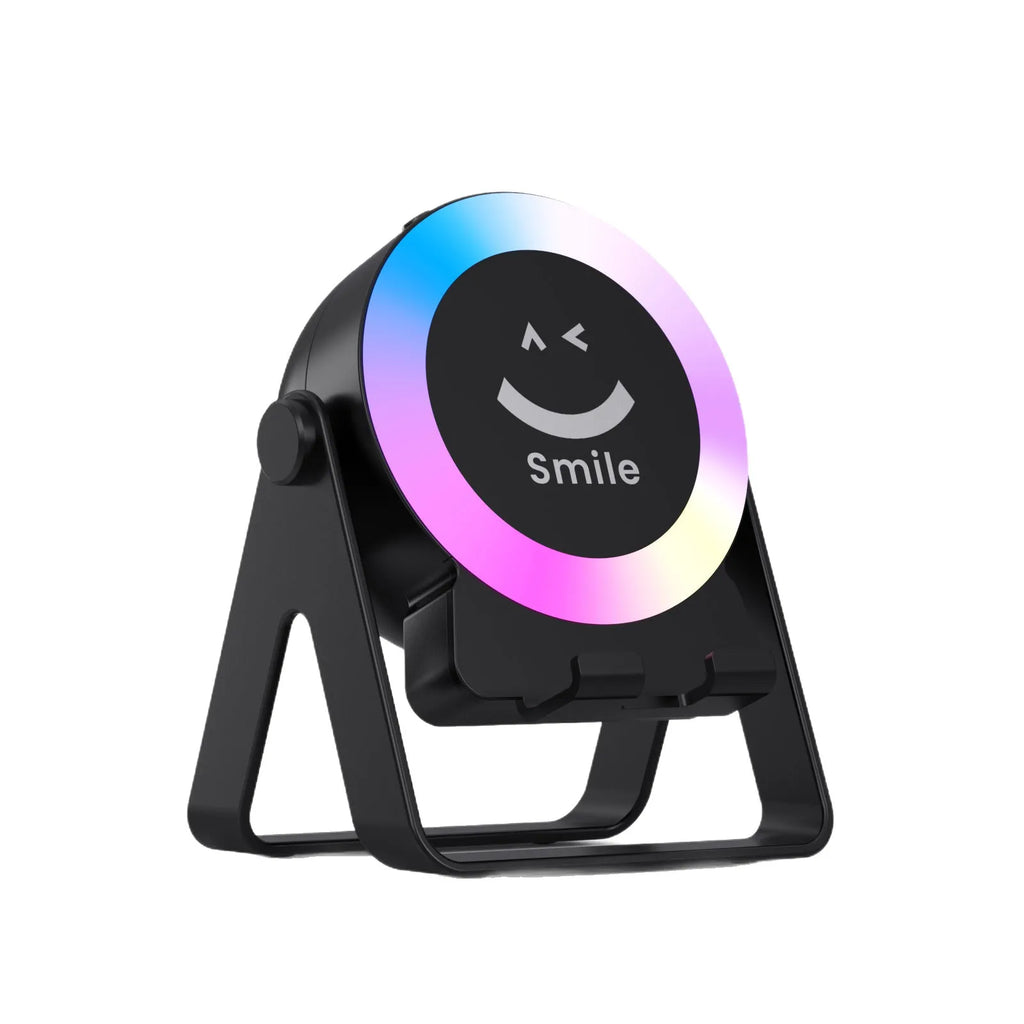 Black induction bracket Bluetooth speaker with colourful LED lights illuminated, showing its compact design.