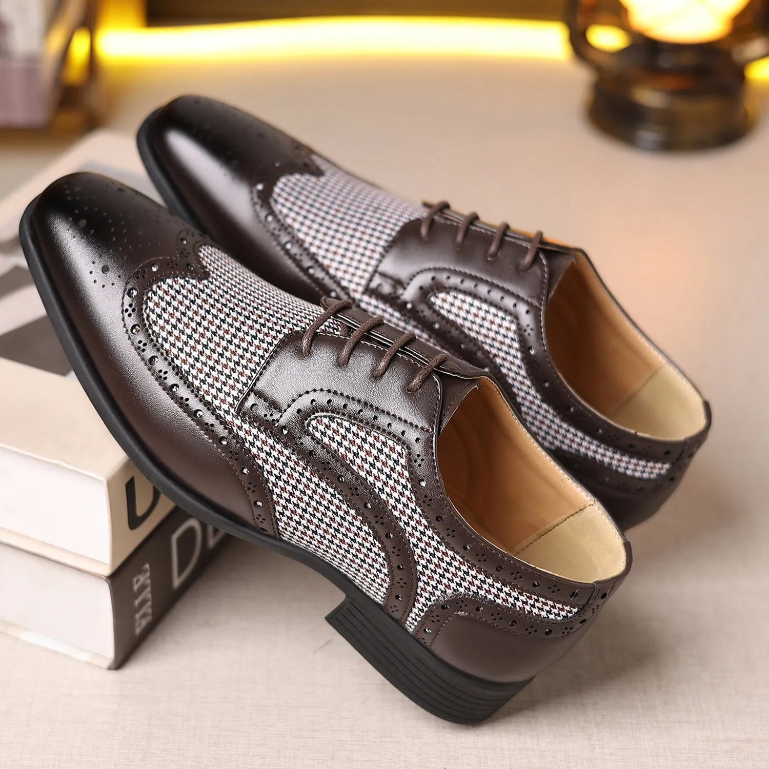 Men's houndstooth plaid casual shoes with square toe and lace-up design in black.