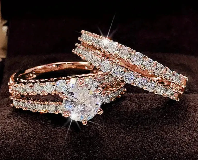 2 in 1 women's ring set showing fashion and fully jewelled geometric bands in silver, gold and rose gold colours