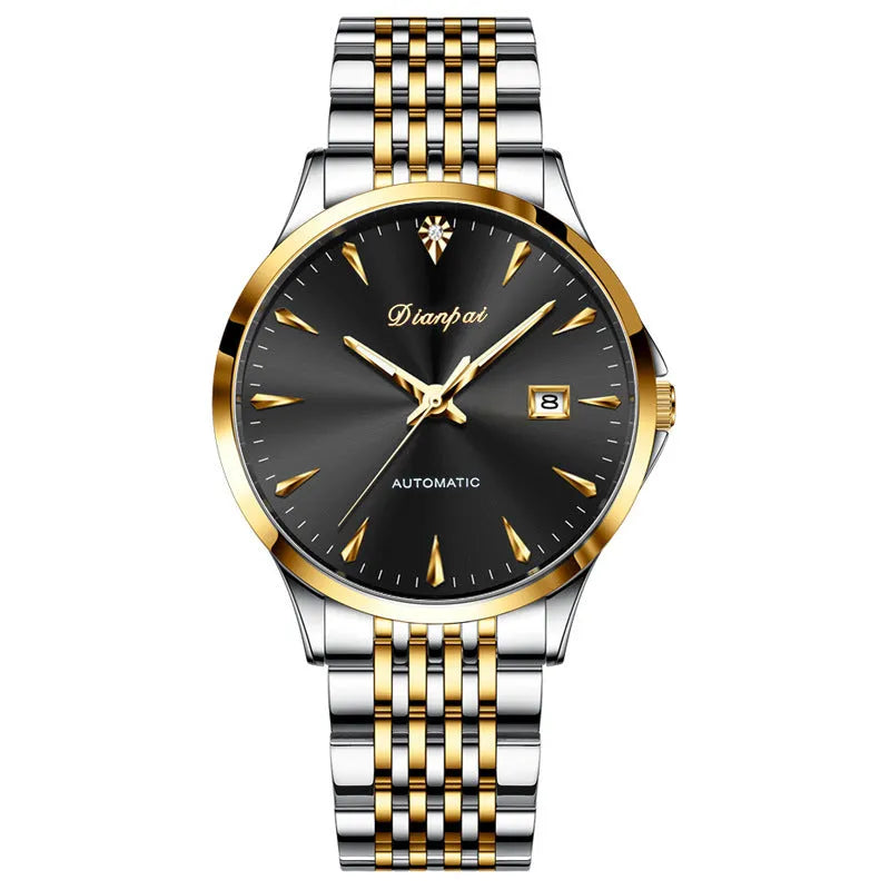 Men's automatic mechanical watch with stainless steel case and strap on simple dial