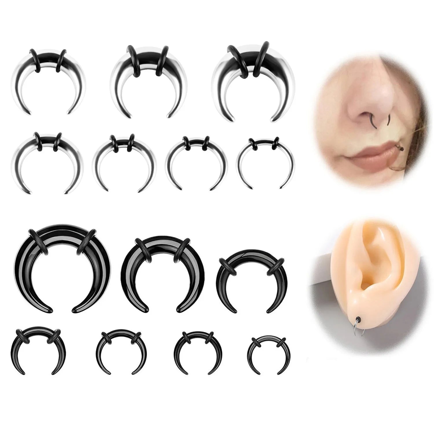 316 stainless steel C-shaped nose ring with buffalo horn design in black or steel colour.