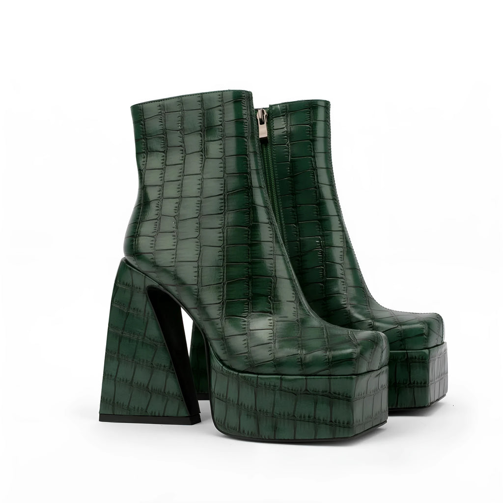 Women's ankle boot with high heel in solid colour options of red, green, black, beige, or brown