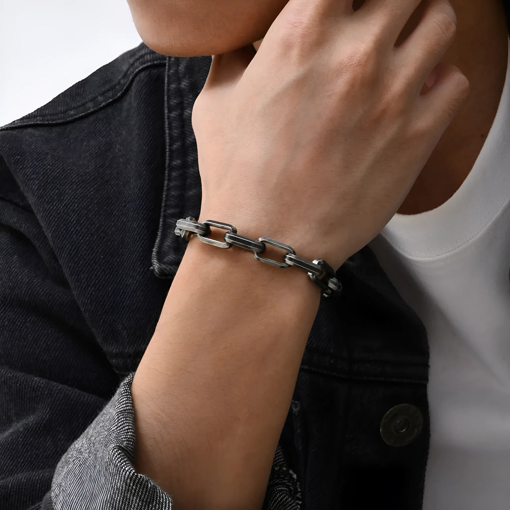 Men's titanium steel bracelet with square chain links in black, gold, retro or steel colours