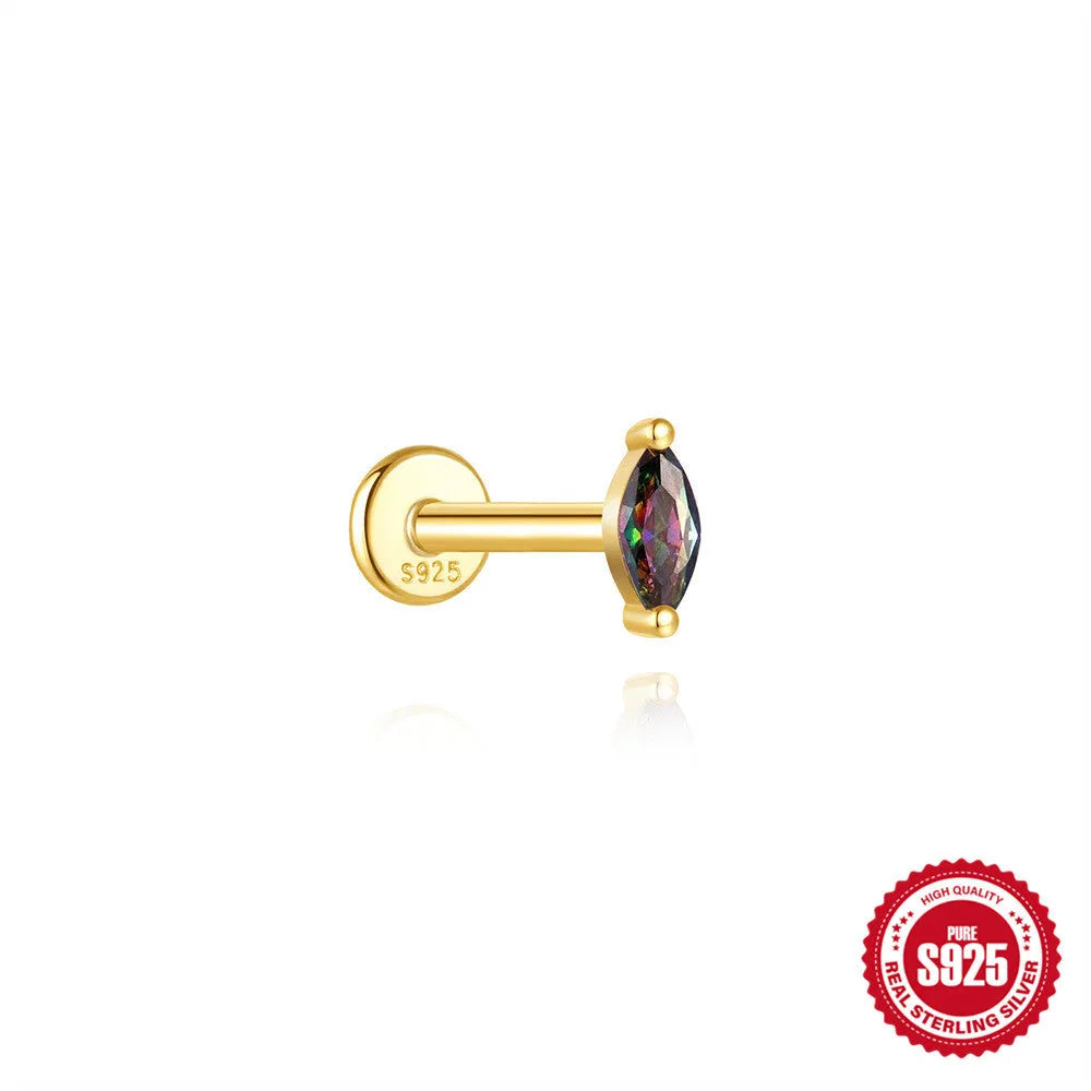 S925 sterling silver flat head thread piercing earring with rainbow stone on geometric setting.