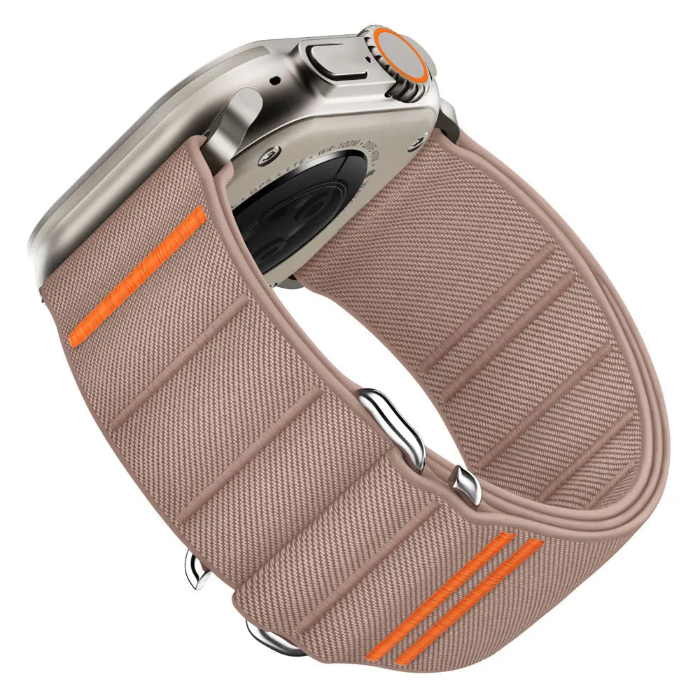Elastic nylon Apple Watch band with stainless steel buckle shown in multiple colour options