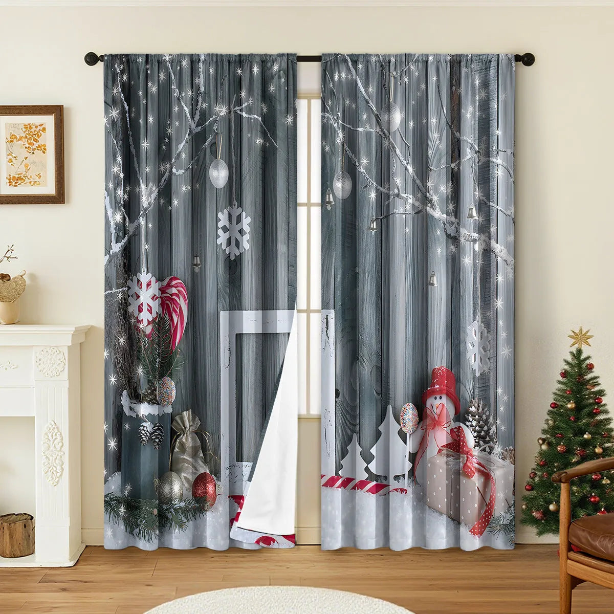 Pair of red and green 3D digitally printed Christmas themed polyester curtains hanging on a window.