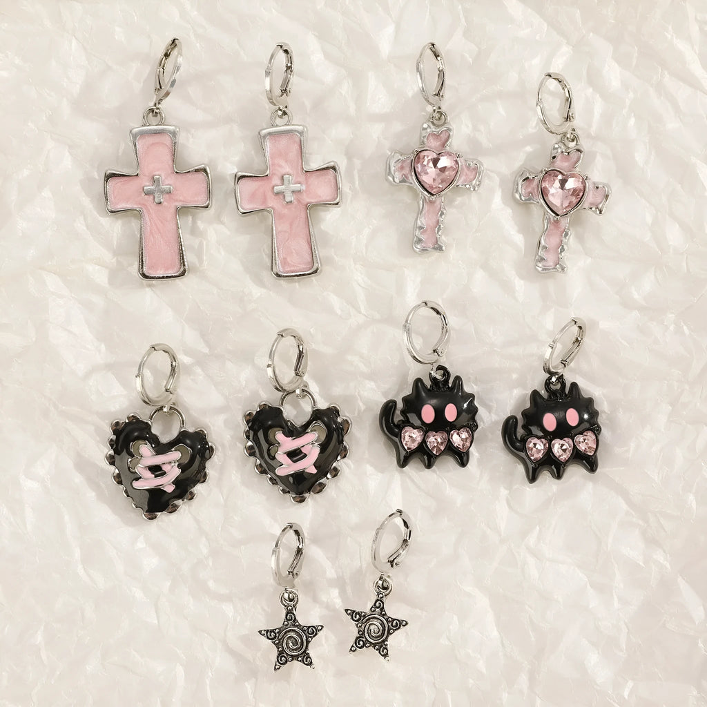 Women's alloy earrings with crystal cross designs in five colour options including white, peach heart, and antique silver