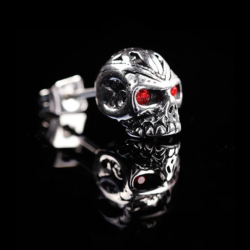 Red skull stud earrings with ghost head design and artificial gemstone eye inlay