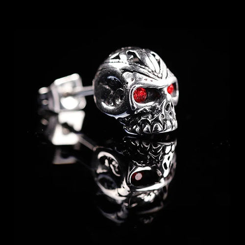 Red skull stud earrings with ghost head design and artificial gemstone eye inlay