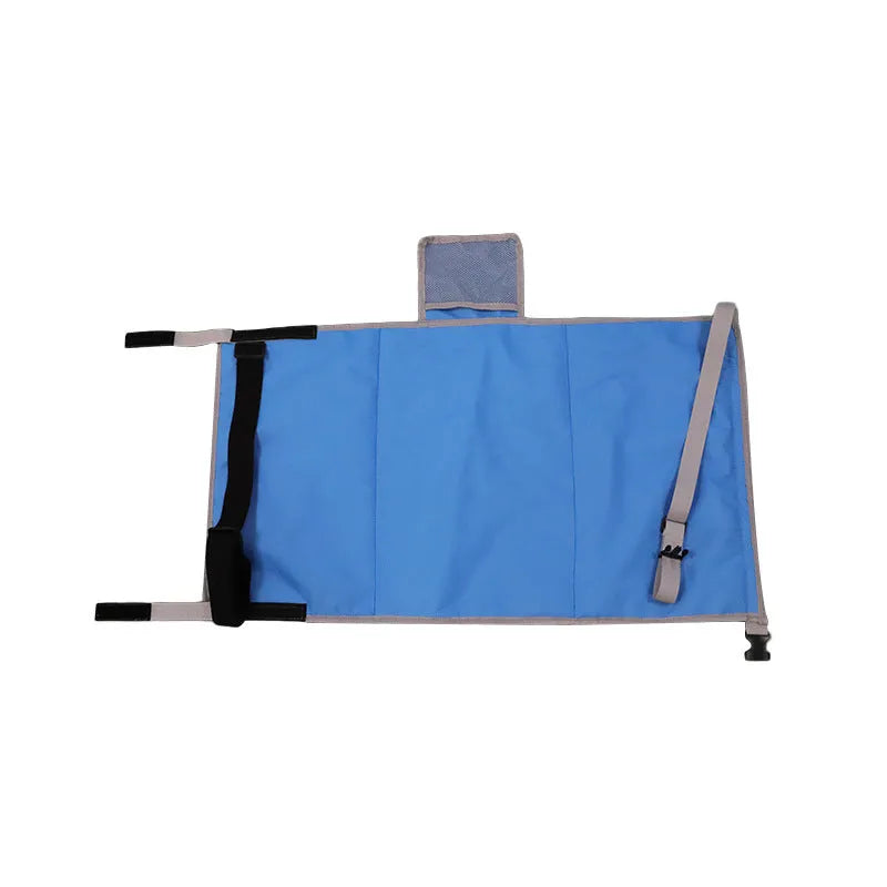 Blue portable children's aircraft seat pedal extender with drawstring storage pocket for travel