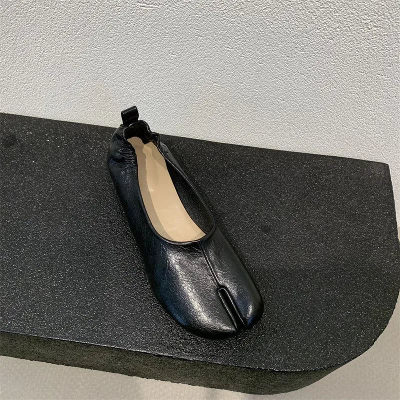 Women's split toe chunky heel pumps in black, apricot or brown with low heel and round toe