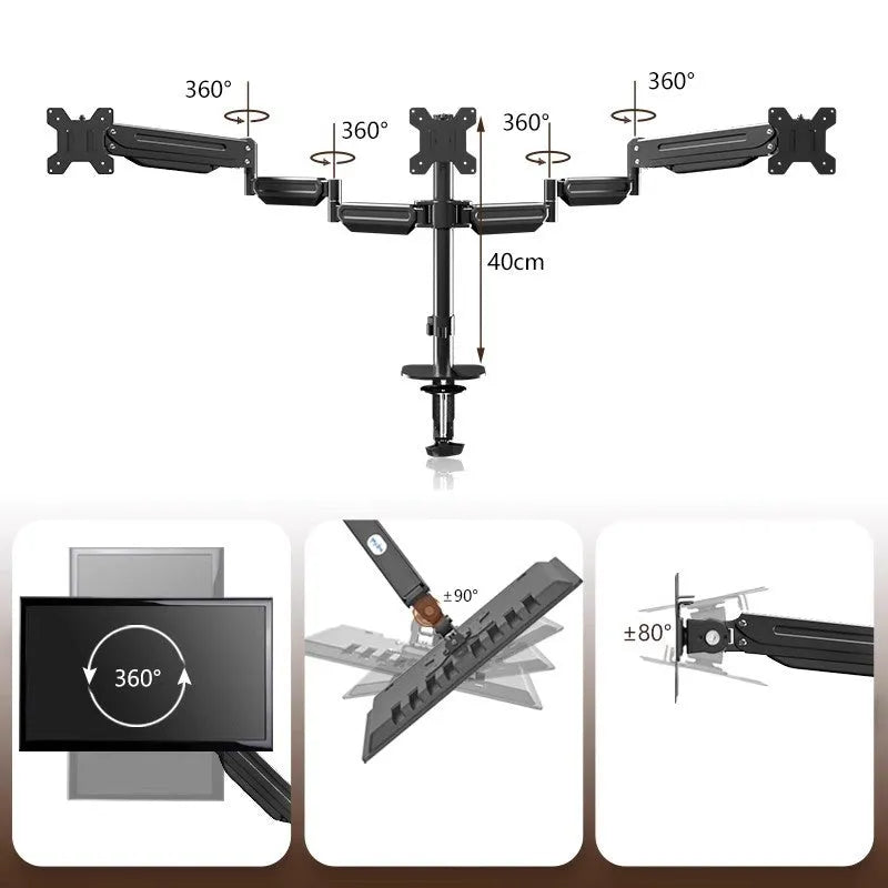 Three-screen monitor stand with dual air pressure arm and cold rolled steel construction