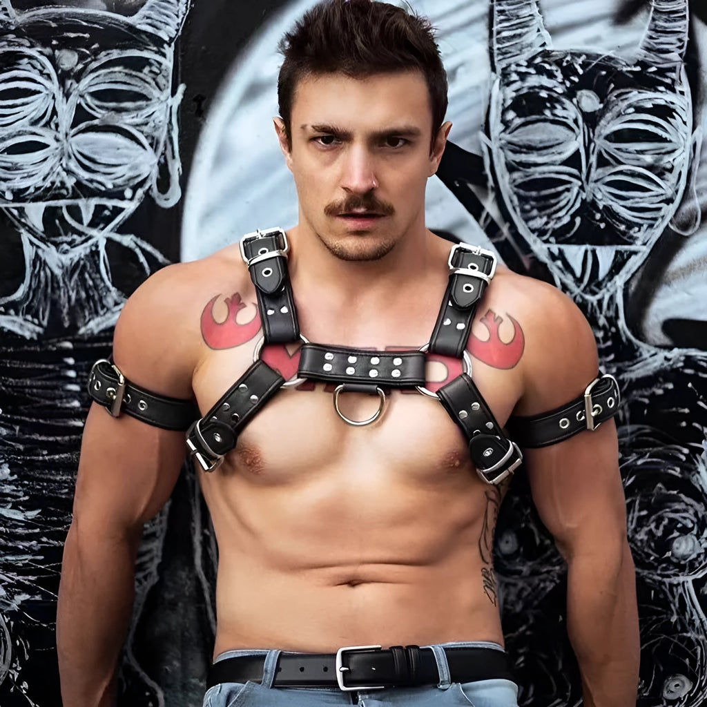 Black leather chest muscle bondage adjustable shoulder strap with metal rivets and buckle hardware