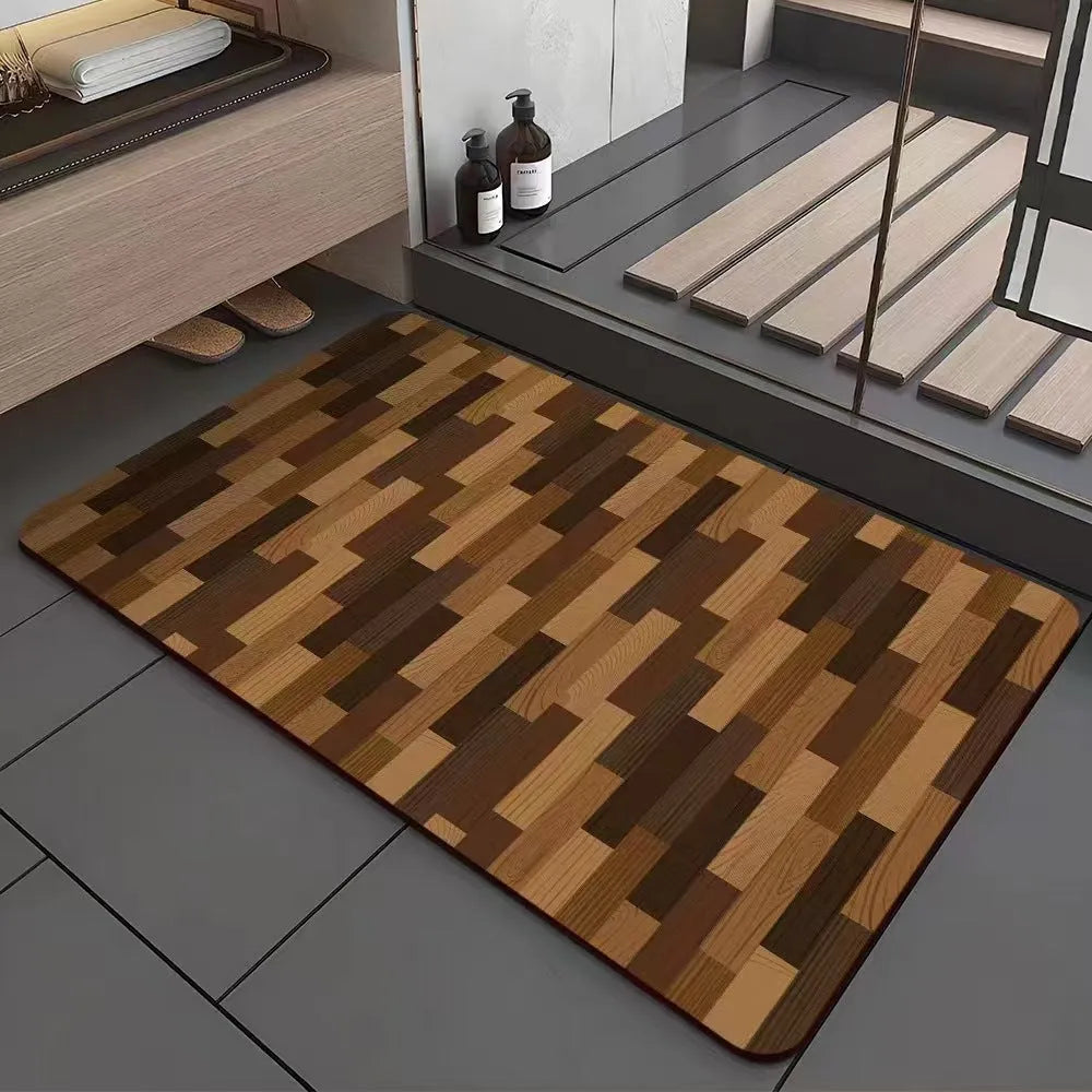 Square diatom ooze floor mat with geometric wood grain pattern in a bathroom setting.