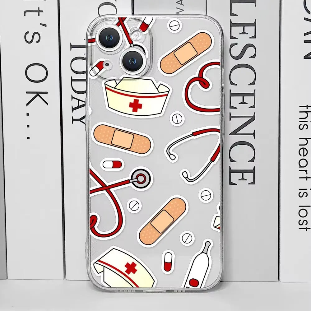 Fashion cartoon nurse design TPU phone case for Apple iPhone models 11 to 16 series