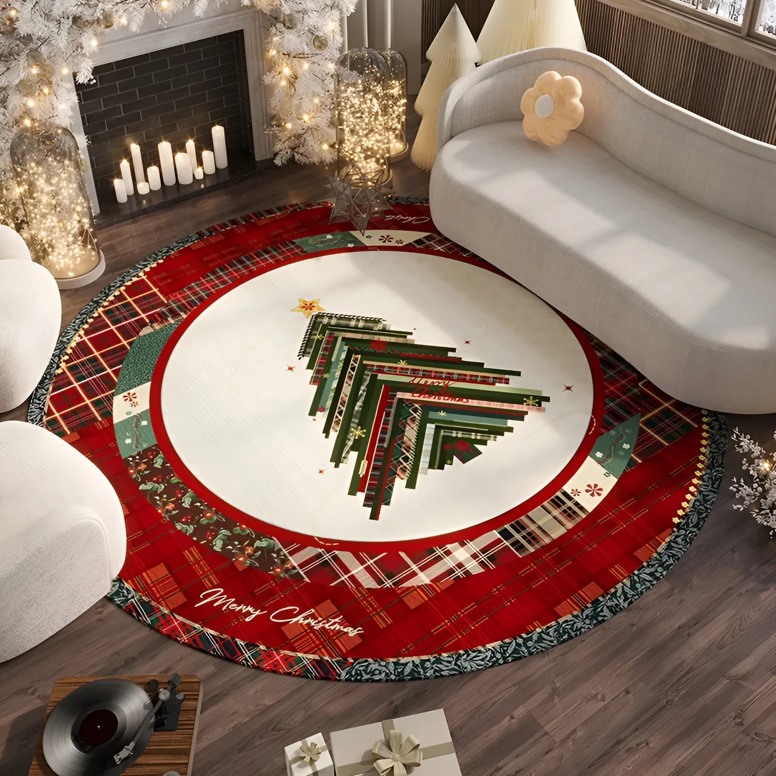 Red Christmas round carpet with festive designs on living room floor
