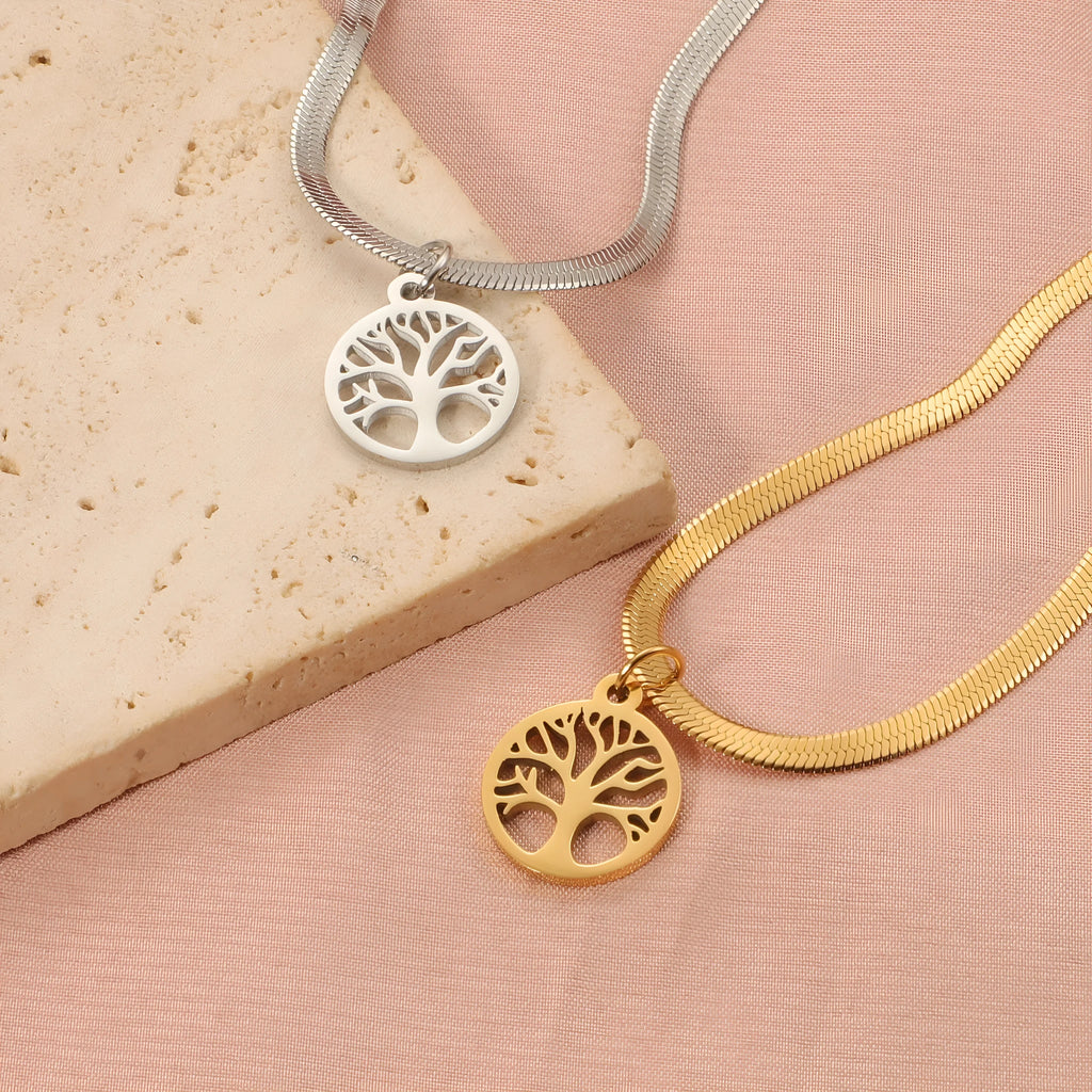 Adjustable tree pendant necklace on snake bone chain in gold or steel colour