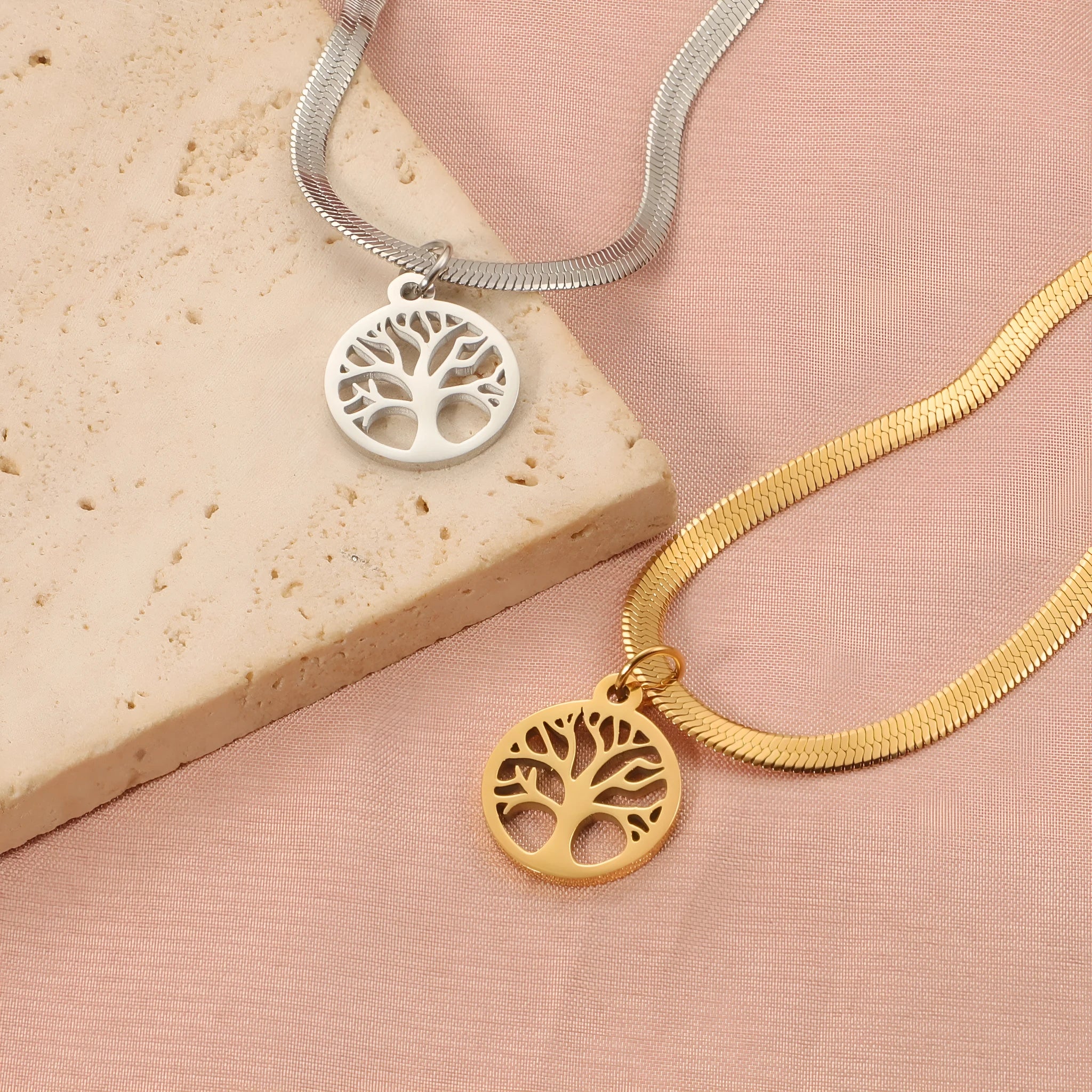 Adjustable tree pendant necklace on snake bone chain in gold or steel colour