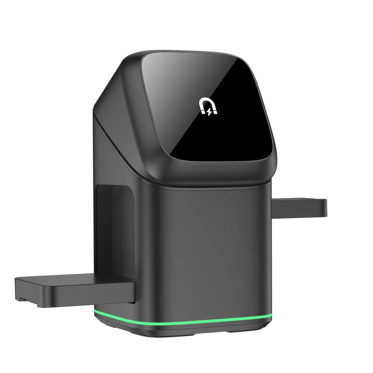 Black magnetic wireless charging stand for mobile phones showing 180-degree rotation capability