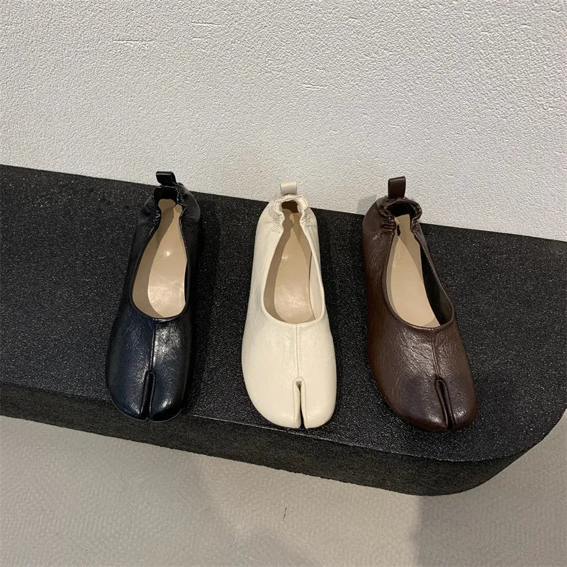 Women's split toe chunky heel pumps in black, apricot or brown with low heel and round toe
